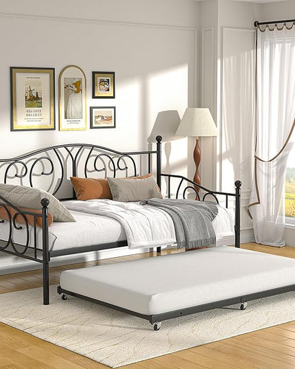 VECELO Twin Daybed with Trundle, Metal Day Bed with Classic Headboard, Multifunctional Platform Beds for Bedroom, Living Room, Guest Room, No Boxing Spring Needed, Black - LeafyLoom
