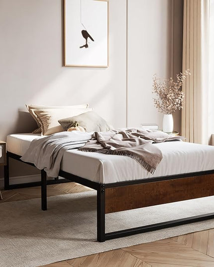 SHA CERLIN 14'' Twin Size Metal Platform Bed Frame with Rustic Wood & Reverse Holes/Ample Under-Bed Storage Space/Mattress Foundation/No Box Spring Needed/Easy Assembly - LeafyLoom