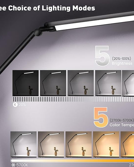 LED Desk Lamp with Clamp, 12W Eye-Caring Swing Arm Table Lamp, Stepless Dimming and Adjustable Color Temperature,Modern Architect Lamp with Memory and Timing Function for Study, Work, Home, Office - LeafyLoom