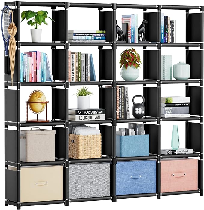 Mavivegue Book Shelf, 20 Cube Storage Organizer, DIY Bookcase, Metal Cube Bookshelf,Tall Book case for Bedroom, Living Room,Office,Closet Storage Organizer, Black Cubicle Storage Rack - LeafyLoom