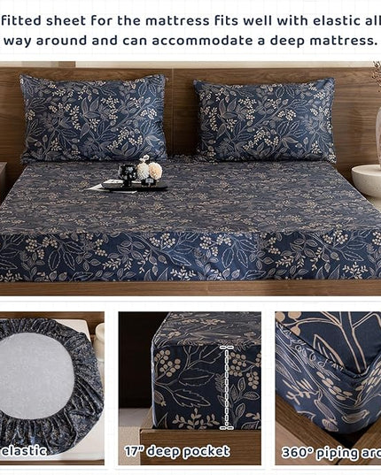 QSH Floral Egyptian Cotton Sheets Queen Size - Elegant Navy Botanical Pattern Printed Bedding Sheets Queen Size Bed Extra Soft and Breathable 4pcs Deep Pockets Bed Sheets - LeafyLoom