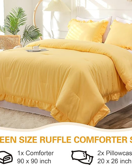 Yellow Double Ruffle Comforter Set Queen Size (90x90 Inch), 3 Pcs Farmhouse Vintage Comforter Set (1 Ruffled Comforter and 2 Pillowcase), Rustic All Season Down Alternative Bedding Set - LeafyLoom