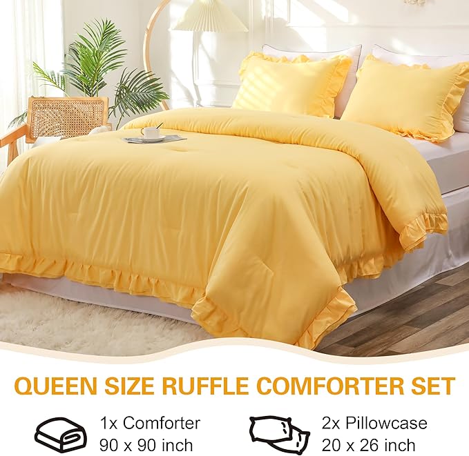 Yellow Double Ruffle Comforter Set Queen Size (90x90 Inch), 3 Pcs Farmhouse Vintage Comforter Set (1 Ruffled Comforter and 2 Pillowcase), Rustic All Season Down Alternative Bedding Set - LeafyLoom
