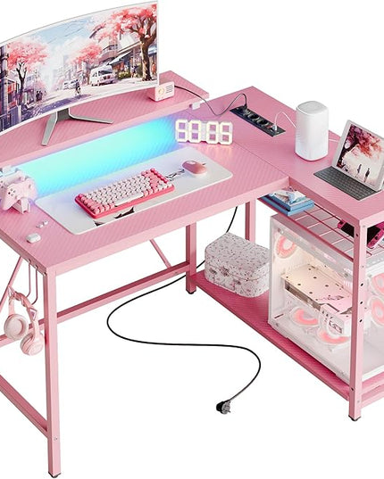 Bestier Gaming Desk with Power Outlets,42 LED Small Corner Computer Desk with Reversible Storage Shelves,L Shaped Desk with Hooks Workstation Desk for Office and Bedroom,Pink Carbon Fiber - LeafyLoom
