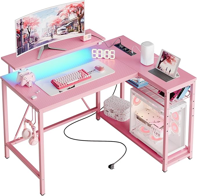 Bestier Gaming Desk with Power Outlets,42 LED Small Corner Computer Desk with Reversible Storage Shelves,L Shaped Desk with Hooks Workstation Desk for Office and Bedroom,Pink Carbon Fiber - LeafyLoom