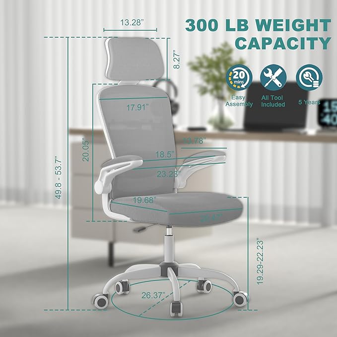 Mimoglad Office Chair, High Back Ergonomic Desk Chair with Adjustable Lumbar Support and Headrest, Swivel Task Chair with flip-up Armrests for Guitar Playing, 5 Years Warranty - LeafyLoom