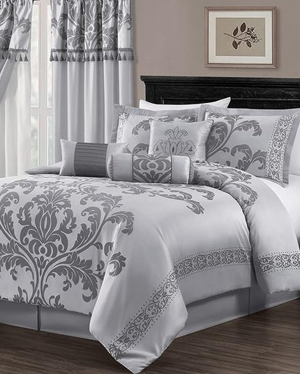 Chezmoi Collection 7-Piece Jacquard Floral Comforter Set (King, Silver/Gray) - LeafyLoom
