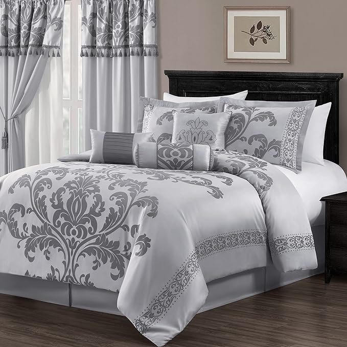 Chezmoi Collection 7-Piece Jacquard Floral Comforter Set (King, Silver/Gray) - LeafyLoom