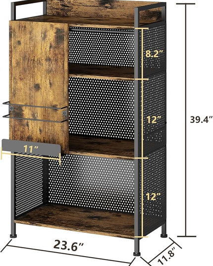 4 Tier Large Bookshelf with Storage Cabinet, Metal Industrial Bookcase Storage Organizer with Sliding Door, Open Standing Shelf Unit for Bedroom, Living Room, Home Office, Rustic Brown - LeafyLoom