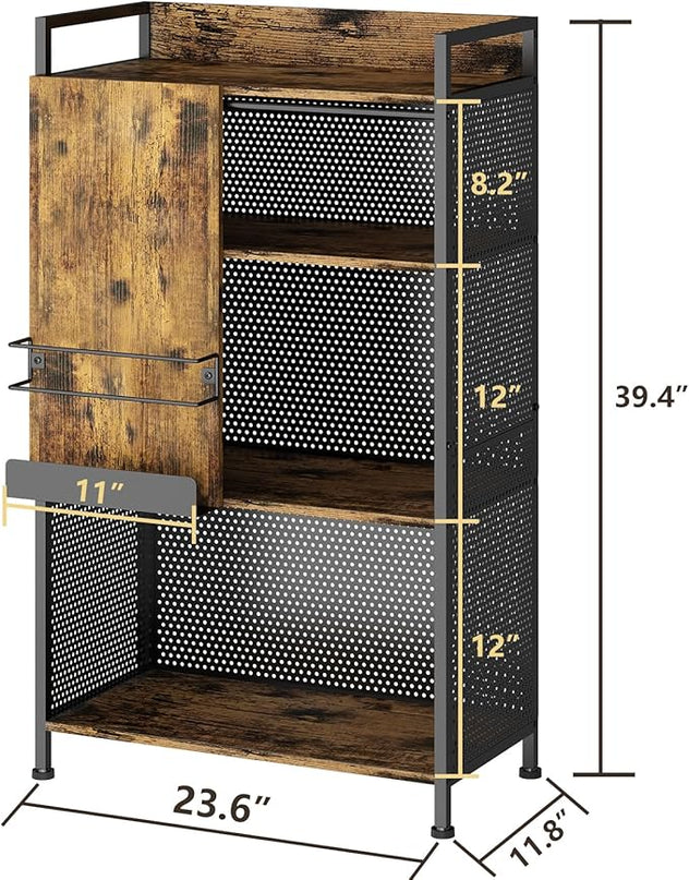 4 Tier Large Bookshelf with Storage Cabinet, Metal Industrial Bookcase Storage Organizer with Sliding Door, Open Standing Shelf Unit for Bedroom, Living Room, Home Office, Rustic Brown - LeafyLoom
