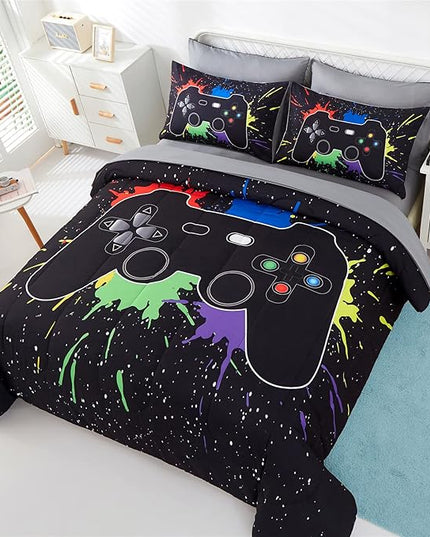 KAKKI 5 Piece Boys Queen Gamer Comforter Set with Sheets, 3D Colorful Video Game Controller Comforter for Kids Teen, All Season Soft Microfiber Gaming Bedding Set(Black,Queen) - LeafyLoom
