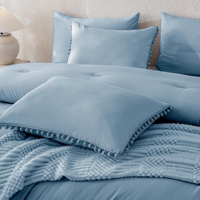 Litanika Queen Size Comforter Set Grey Blue,3 Pieces Grey Blue Boho Pom Pom Lightweight Bed Comforter, All Season Soft Solid Color Bedding Comforter Sets (1 Comforter 90x90 Inch, 2 Pillowcases) - LeafyLoom