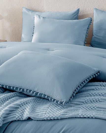 Litanika Comforter Full Size Set Grey Blue,3 Pieces Grey Blue Boho Pom Pom Lightweight Bed Comforter Full,All Season Soft Solid Color Bedding Comforter Sets (1 Comforter 79x90 Inch, 2 Pillowcases) - LeafyLoom
