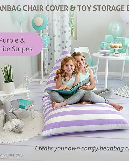 Butterfly Craze Bean Bag Chair Cover, Functional Toddler Toy Organizer, Fill with Stuffed Animals to Create a Jumbo, Comfy Floor Lounger for Boys or Girls, Stuffing Not Included, Purple Stripes - LeafyLoom
