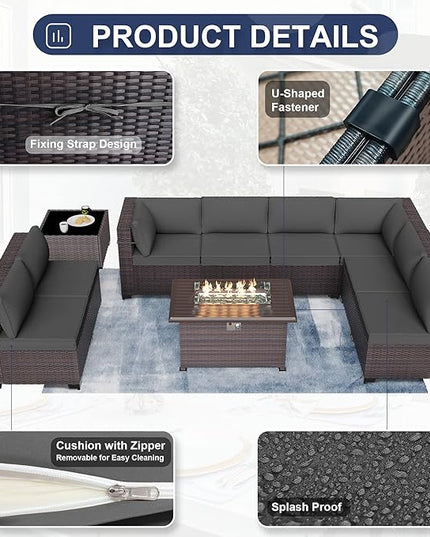 Patio Furniture Sectional Sofa Set 10-Pieces PE Rattan Patio Conversation Set w/43in Gas Fire Pit Table, Outdoor Furniture with 55000 BTU Propane Fire Pit, Grey - LeafyLoom