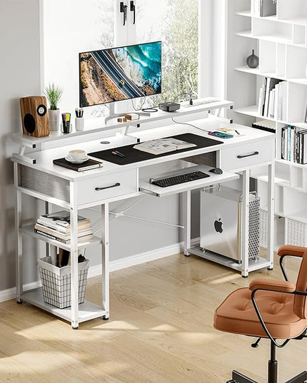 ODK Computer Desk with Drawers & Power Outlet, 48 Inch Office Desk with Keyboard Tray & Storage Shelves & PC Stand, Office Table Work Desk with Monitor Stand, White - LeafyLoom