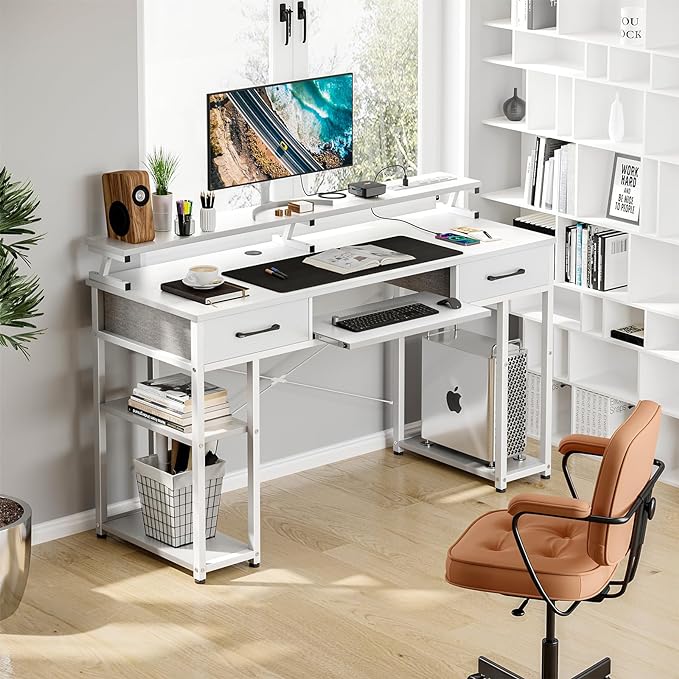 ODK Computer Desk with Drawers & Power Outlet, 48 Inch Office Desk with Keyboard Tray & Storage Shelves & PC Stand, Office Table Work Desk with Monitor Stand, White - LeafyLoom