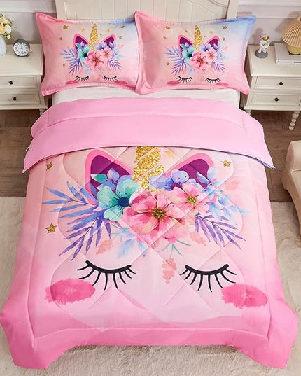 Pink Unicorn Queen Bedding Set for Girls 3 Piece Kids Comforter Set Cartoon Unicorn Flowers Quilt Set Bed in A Bag Lightweight Duvet Bed Set for Kids Teen Girls Women Bedroom Decor with 2 Pillowcases - LeafyLoom