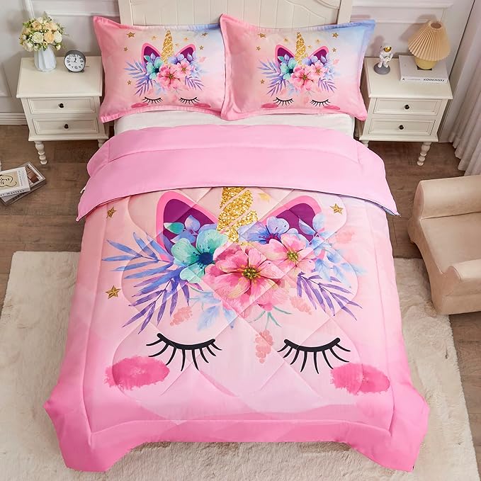 Pink Unicorn Queen Bedding Set for Girls 3 Piece Kids Comforter Set Cartoon Unicorn Flowers Quilt Set Bed in A Bag Lightweight Duvet Bed Set for Kids Teen Girls Women Bedroom Decor with 2 Pillowcases - LeafyLoom