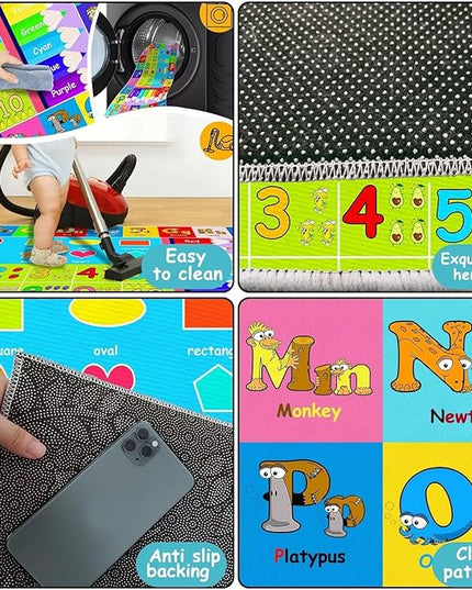 Kids Alphabet Play Game Rug - 5'x7' ABC Numbers and Shapes Educational Learning Toddler Carpet - Kids Room Playroom Classroom Kindergarten Activity Fun Soft Non-Slip Mat - LeafyLoom