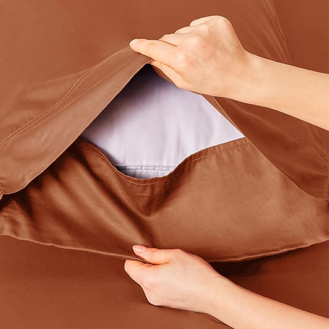 Bedsure Queen Sheets, Rayon Derived from Bamboo, Queen Cooling Sheet Set, Deep Pocket Up to 16", Breathable & Soft Bed Sheets, Hotel Luxury Silky Bedding Sheets & Pillowcases, Burnt Orange - LeafyLoom