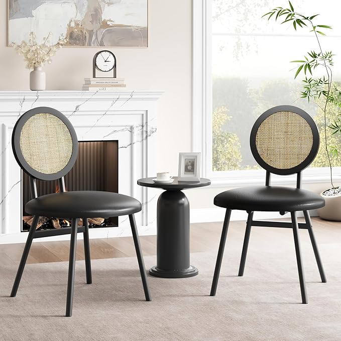 IDEALHOUSE Dining Chairs Set of 2, Rattan Kitchen Chairs with Thicken Upholstered, Modern Dining Room Chairs Set of 2, Space Saving Dining Chairs with Metal Legs for Living Room (1, Black) - LeafyLoom