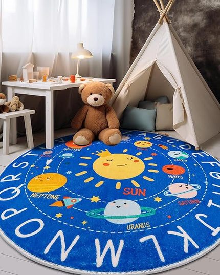Round ABC Kids Rug,5.2 Ft Soft Circle Alphabet Playroom Rug,Washable Non-Slip Solar System Kids Play Rug,Space Educational Rug Kids Carpet for Classroom Playroom Bedroom Kids Room Decor - LeafyLoom