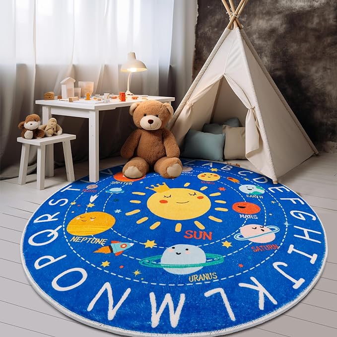Round ABC Kids Rug,5.2 Ft Soft Circle Alphabet Playroom Rug,Washable Non-Slip Solar System Kids Play Rug,Space Educational Rug Kids Carpet for Classroom Playroom Bedroom Kids Room Decor - LeafyLoom