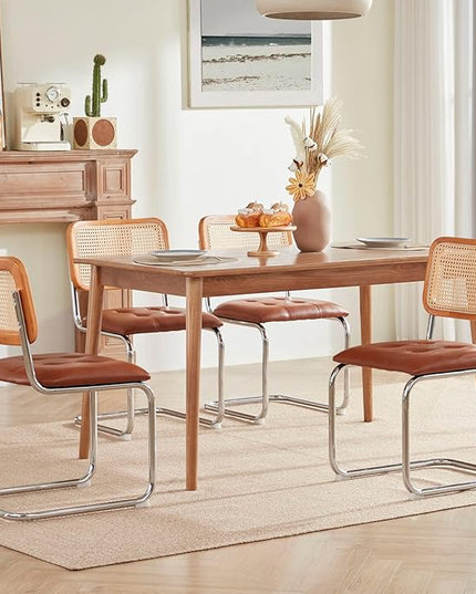 Farini Kitchen Dining Chairs Set of 2,Mid-Century Modern Chair Armless Mesh Backrest Cane Rattan Chairs for Home Dining Room(Brown,PU Leather) - LeafyLoom