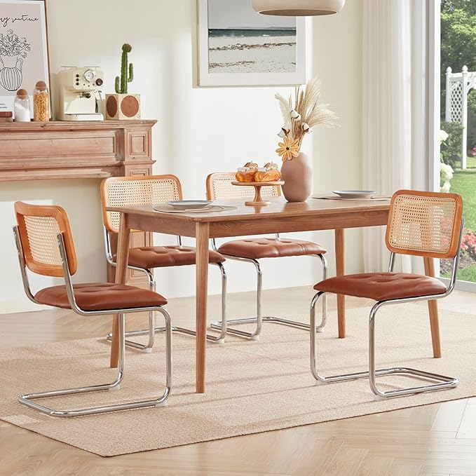 Farini Kitchen Dining Chairs Set of 2,Mid-Century Modern Chair Armless Mesh Backrest Cane Rattan Chairs for Home Dining Room(Brown,PU Leather) - LeafyLoom