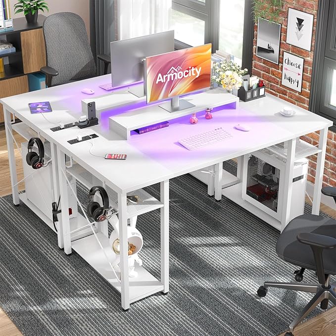 armocity Computer Desk with LED Lights, 48 Inch Reversible Large Desk with Power Outlet and USB, 48'' Gaming PC Table with Moveable Monitor Stand for Home Office, Workstation, White - LeafyLoom