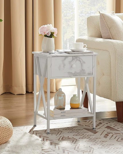 VECELO Night Stands for Bedroom Rustic Nightstand Bedside End Tables with Drawer Storage, Marble White - LeafyLoom