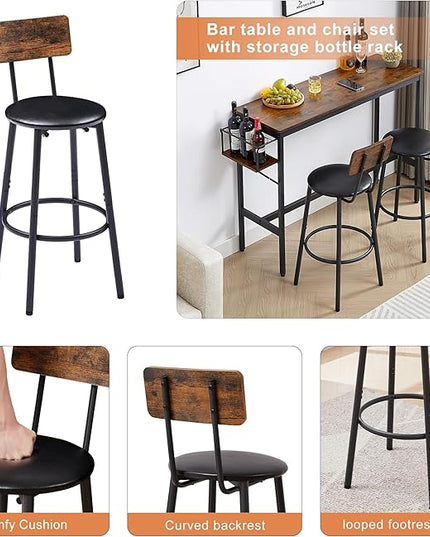 Dining Table Set for 2, Bar Table and Chairs Set, Industrial Counter Height Bar Table with Wine Rack, and 2 PU Upholstered Seat Stools with Backrest & Footrest, for Kitchen, Bar, Rustic Brown - LeafyLoom