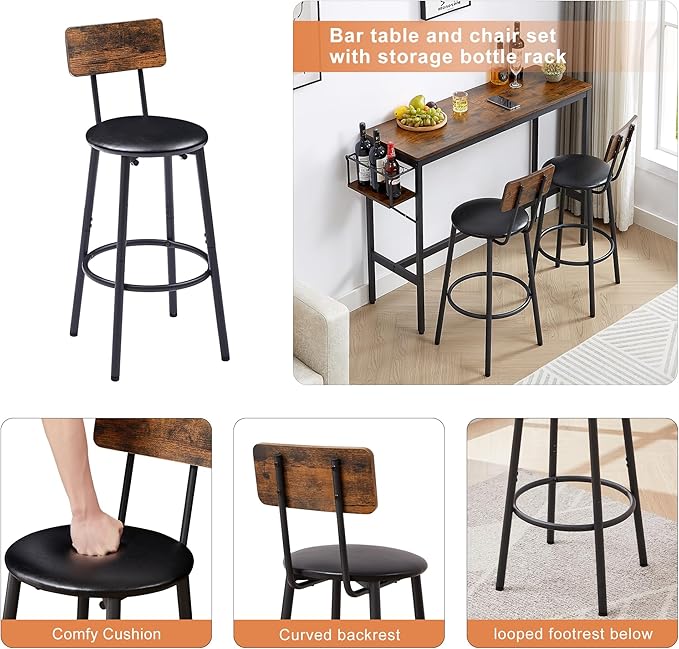 Dining Table Set for 2, Bar Table and Chairs Set, Industrial Counter Height Bar Table with Wine Rack, and 2 PU Upholstered Seat Stools with Backrest & Footrest, for Kitchen, Bar, Rustic Brown - LeafyLoom