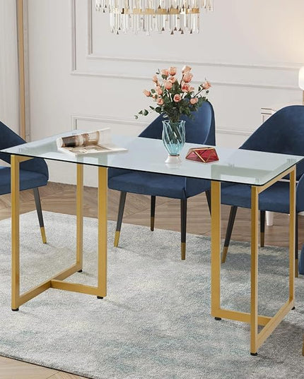 FurnitureR Tempered Glass Dining 47.2 inches Dinner Table for 4-6 Persons Modern Rectangular Spacious Tabletop & Gold Legs Elegant for Home Kitchen Living Room Restaurant, 47 Inches - LeafyLoom