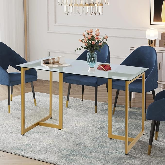 FurnitureR Tempered Glass Dining 47.2 inches Dinner Table for 4-6 Persons Modern Rectangular Spacious Tabletop & Gold Legs Elegant for Home Kitchen Living Room Restaurant, 47 Inches - LeafyLoom
