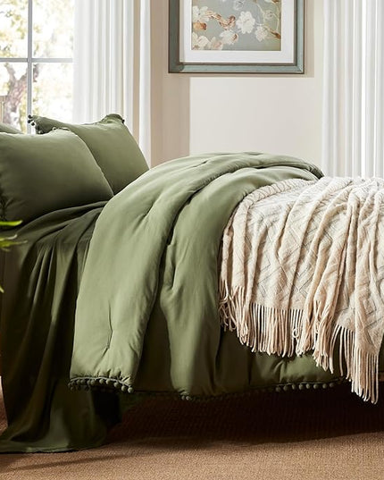Anluoer Full Comforter Set 7 Piece, Olive Green Bed in a Bag with Sheets, Pom Pom Boho Bedding Comforter Sets with 1 Comforter, 2 Pillow Shams, 2 Pillowcases, 1 Flat Sheet, 1 Fitted Sheet - LeafyLoom
