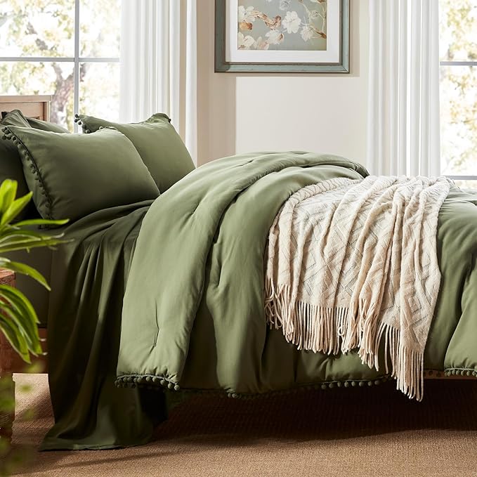 Anluoer Full Comforter Set 7 Piece, Olive Green Bed in a Bag with Sheets, Pom Pom Boho Bedding Comforter Sets with 1 Comforter, 2 Pillow Shams, 2 Pillowcases, 1 Flat Sheet, 1 Fitted Sheet - LeafyLoom