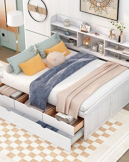 Full Captains Bed with 3 Storage Drawers and Trundle, Wood Daybed with Built-in Bookshelves for Bedroom Living Room, White - LeafyLoom