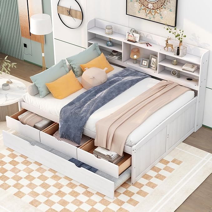 Full Captains Bed with 3 Storage Drawers and Trundle, Wood Daybed with Built-in Bookshelves for Bedroom Living Room, White - LeafyLoom