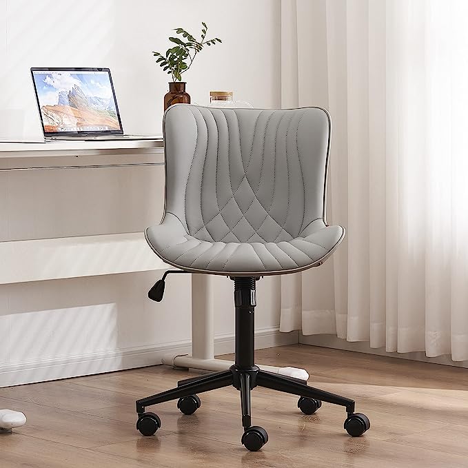 YOUTASTE Office Chair Modern Armless Desk Chair, Height Adjustable Swivel Rocking Computer Task Chair, Faux Leather Sewing Chair with Wheels, Stylish Lounge Vanity Chair,Grey - LeafyLoom