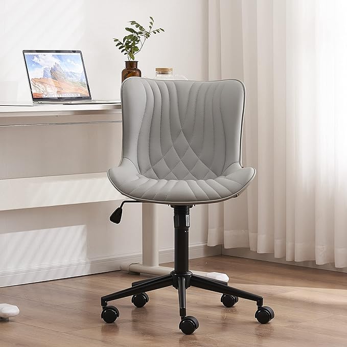 YOUNIKE Office Chair, Armless Desk Chair with Wheels, Home Office Computer Task Chairs, Modern Faux Leather Upholstered Vanity Chair, Adjustable Swivel Rolling Office Chair, Grey - LeafyLoom
