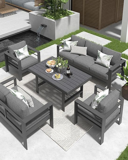 Solaste Aluminum Patio Furniture Set,5 Pieces Modern Outdoor Conversation Set Sectional Sofa with Upgrade Cushion and Dining Table, Grey - LeafyLoom