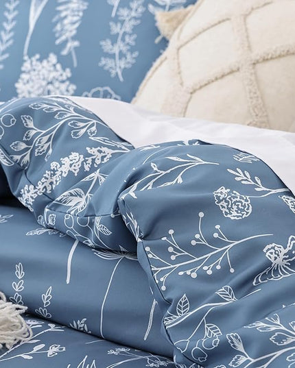 JANZAA Comforters Queen Size Queen Comforter Blue Bedding Cute Floral Bed Set, Lightweight Soft Botanical Flower Comforter and 2 Pillow Cases All Season - LeafyLoom