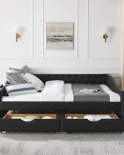 Queen Size Daybed with 2 Drawers, Upholstered Tufted Day Bed, with Button Back and Waved Shape Arms, Wood Slat Support, No Spring Box Need, for Bedroom, Livingroom - LeafyLoom