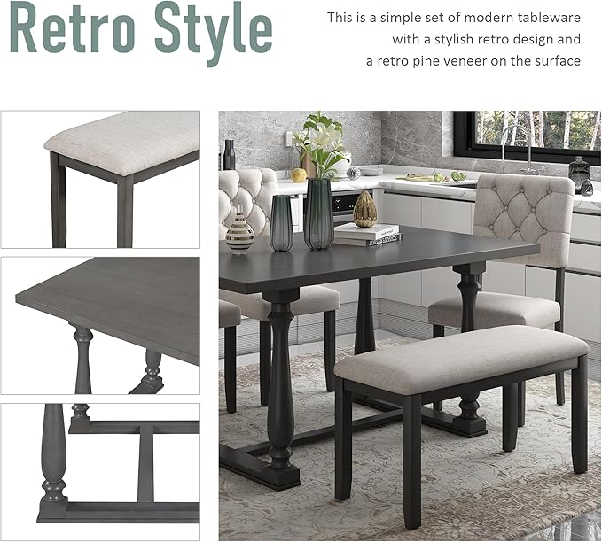 RITSU 6 Piece Retro Dining Table Set with 4 Tufted Button Thick Foam Chairs and 1 Bench, Solid Wood Structure w/Shaped Legs, Suitable for Living Room, Apartment, Gray, 60inch - LeafyLoom