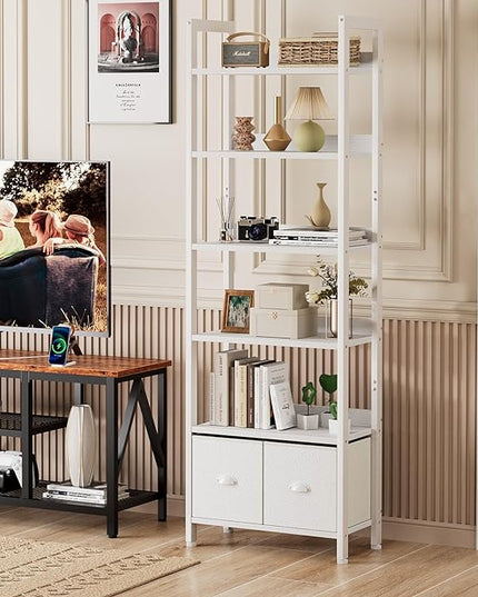 Furologee White 6 Tier Bookshelf with Drawers, Tall 71" Bookcase with Shelves, Modern Wood and Metal Book Shelf Storage Organizer, Display Free Standing Shelf Unit for Bedroom, Living Room, Office - LeafyLoom