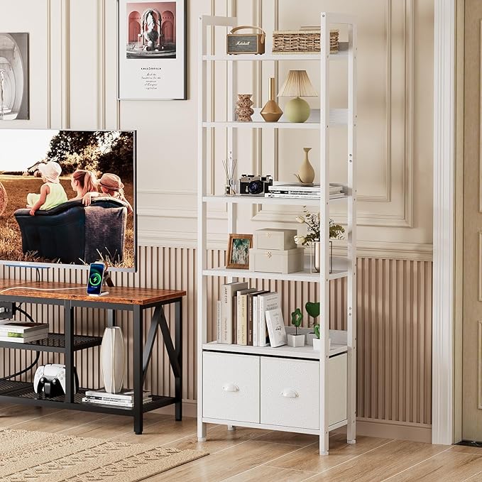 Furologee White 6 Tier Bookshelf with Drawers, Tall 71" Bookcase with Shelves, Modern Wood and Metal Book Shelf Storage Organizer, Display Free Standing Shelf Unit for Bedroom, Living Room, Office - LeafyLoom