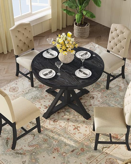 Small Dining Table Set for 4-6, Modern Round Extendable Table and Upholstered Chairs, X-Shaped Cross Base, Button Tufting Backrest, Retro Style Home Furniture for Small Spaces, Living Room - LeafyLoom