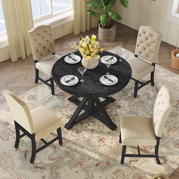 Small Dining Table Set for 4-6, Modern Round Extendable Table and Upholstered Chairs, X-Shaped Cross Base, Button Tufting Backrest, Retro Style Home Furniture for Small Spaces, Living Room - LeafyLoom